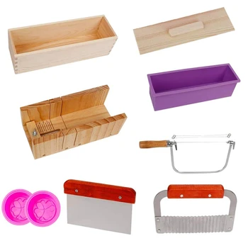 9PCS силиконов сапун форми комплект, правоъгълна дървена силиконова сапун мухъл Кътър Slicerhandmade сапун DIY за сапун торта вземане
