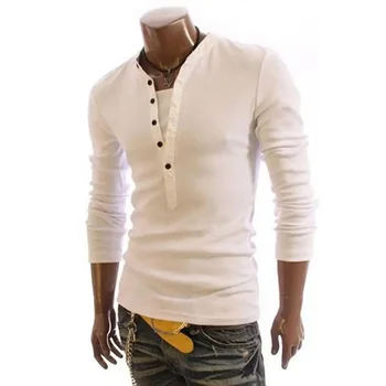 A2664 памук T риза мъже плътен цвят тениска еднореден яка дълъг ръкав