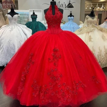 ANGELSBRIDEP Червена оглавник топка рокля Quinceanera рокли 2023 мексикански 3D флорални шарени дантела апликация корсет рожден ден парти рокли