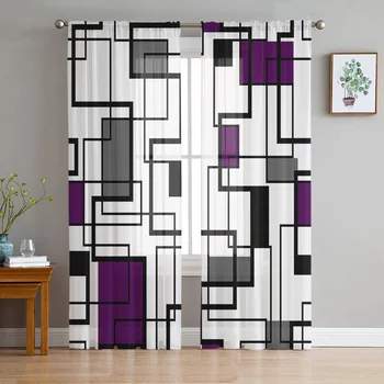 Abstract Square Modern Art Purple Voile Sheer Curtains Living Room Window Tulle Curtain Kitchen Bedroom Drapes Home Decor