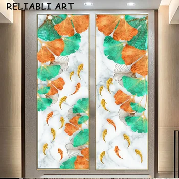 Abstract Гинко оставя девет риби Koi плакат и отпечатъци платно живопис стена изкуство картини за хол дома декор без рамка