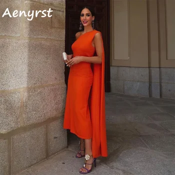 Aenyrst оранжево едно рамо саудитски вечерни рокли сатен русалка абитуриентски рокли чай дължина вечеря парти рокля прост فساتين السهرة