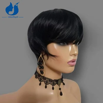 Amethyst Short Pixie Cut Wig Човешка коса за черни жени Бразилски Remy машина направени перуки с бретон без лепило човешка коса перуки