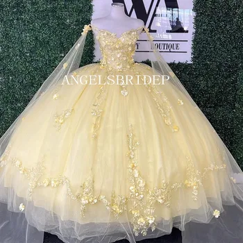 Angelsbridep Жълта бална рокля 15-годишни рокли на Quinceanera 2023 3D цветя от рамото момичета рожден ден парти рокля