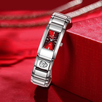 BERNY Lady кварцов часовник луксозна марка водоустойчив правоъгълник от неръждаема стомана гривна мода RedWristwatch за жени
