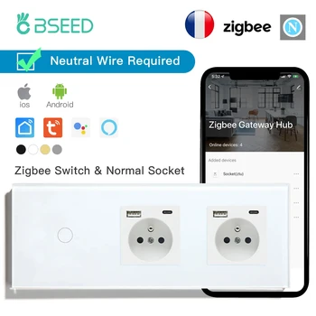 BSEED Zigbee 1/2/3Gang стенни сензорни превключватели с двойни френски Type-c USB захранващи контакти Tuya Google Alexa Control