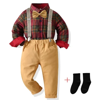 Baby Boy Gentleman Suit Shirt With Bow Tie + Suspender Trousers Sets Christmas Festival Party Set Handsome Kids Boys Clothing