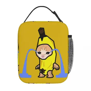 Banana Cat Cry Изолирана чанта за обяд Сладък контейнер за храна за животни Преносим термичен охладител Кутии за обяд за пътуване