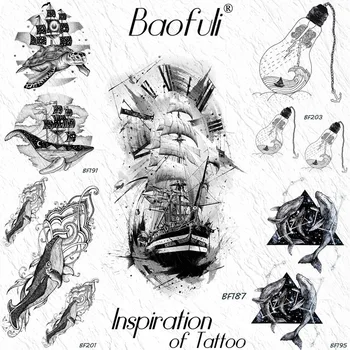 Baofuli Живопис платноходка пират навигация Временно татуировка стикер боди арт ръка крак ръка фалшив татуировки крушка океан черно тату