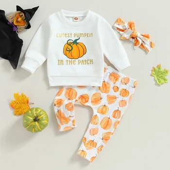 BeQeuewll бебе момичета Хелоуин дрехи тиква печат дълги ръкави суитчъри и еластични панталони лента за глава есен екипировки комплект