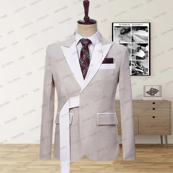 Blazer Мъжки костюм каки яке с бял прорез флип вратовръзка бял колан официално бизнес палто тънък боди 2023