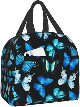 Blue пеперуда обяд чанта за многократна употреба охладител обяд голяма пазарска чанта изолирани непропускливи обяд кутия контейнер с преден джоб за момичета