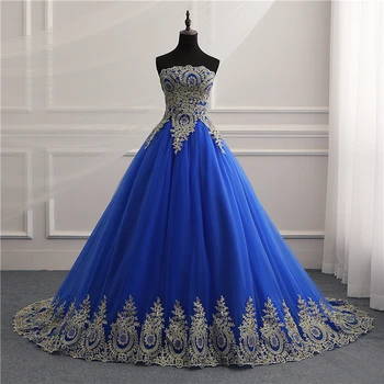 Blue принцеса Quinceanera рокли класически Stapless топка рокля цвете жени сладки апликации дълъг влак vestido де дебютантка