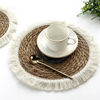 Boho Placemats Тъкани подложки за маса за хранене Елегантни кръгли ратанови подложки Ръчно изработени ратан тъкат топлоустойчиви постелки саксии