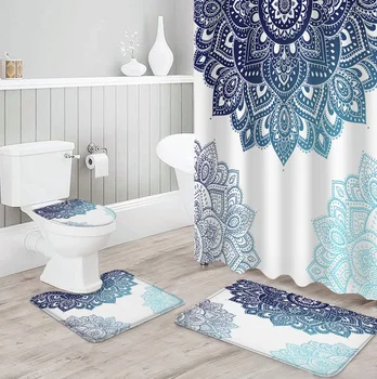 Boho душ завеса комплекти Mandala цвете модел полиестерен плат декор баня завеса нехлъзгащ етаж килим тоалетна капак баня мат