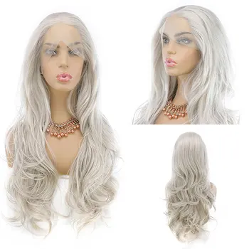 Bombshell Platinum Grey Loose Wave Synthetic 13X4 дантела предна перука Pre оскубана линия на косата топлоустойчива влакнеста коса за жени перуки