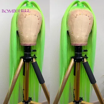 Bombshell зелен цвят прав синтетичен 13X4 дантела предни перуки лепило високо качество топлоустойчиви влакна предварително оскубани за жени