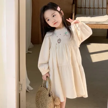 Botique проектиран малко дете дантела яка линия бродерия парти рокли за момичета корейски стил дълга рокля детски костюми