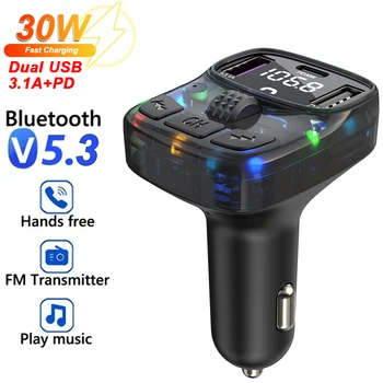 Car Bluetooth 5.3 FM трансмитер PD Type-C Dual USB 3.1A бързо зарядно устройство Цветна околна светлина Handsfree Call MP3 плейър Adapte