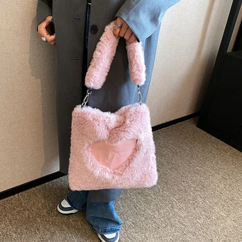 Casual сърце форма плюшени рамо чанта жени мода твърди пухкави кофа чанта жена дизайнер мека изкуствена кожа Crossbody чанта чанта