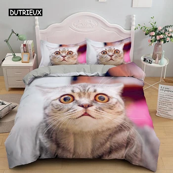 Cat Duvet Cover Set King Size Cute Pet Cats Printed Bedding Set for Children Boys Girls 3D Animal Theme Microfiber Quilt Cover
