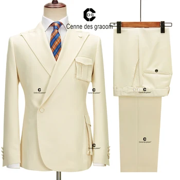 Cenne des Graoom 2023 Нов дизайн на палтото Бежови костюми за мъже Десен страничен бутон яке панталони 2 бр комплект Groomsman сватбена рокля парти