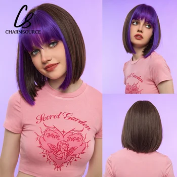 CharmSource Кафяв къс прав косплей Лолита перуки с бретон Ombre лилаво Боб синтетични перуки за коса за жени топлоустойчиви