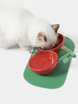 Cherry керамична купа Двойна купа Pet Cat Bowl Защитна шийка на гръбначния стълб Cat Basin Anti-Tumble Cat Oblique