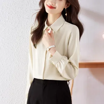 Commuter блуза с дълъг ръкав 2023 есен нова бяла риза на работното място корейска версия модни жени чист цвят Polo-врата T704
