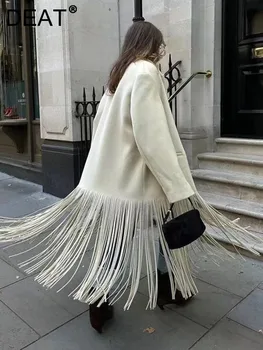DEAT мода дамски тренчкот назъбена яка хлабав един бутон дълъг ръкав плътен цвят пискюл подгъв палто зима 2024 ново