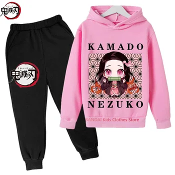 Demon Slayer Аниме Tanjiro И Nezuko Kid Hoodie Суитчър Дете Корейски Kpop Street Style Суитчър Момиче Streetwear Suit