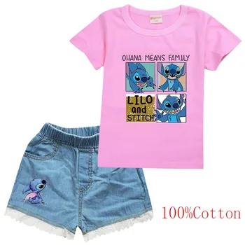 Disney Stitch тениска Детска тениска+Дънкови шорти Комплект Момчета и момичета Тениска 100% памук Летен детски къс ръкав