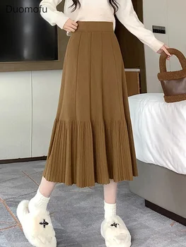 Duomofu дълги поли жени есен случайни хлабав плетена пола женски корейски мода Preppy стил висока талия линия плисирана пола