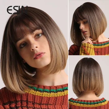 ESIN синтетична коса кафява омбре до светлокафява средно дълга права перука боб с бретон косплей перуки за жени топлоустойчиви