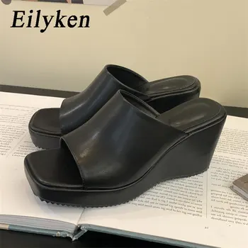 Eilyken Ново пристигане деним платформа клинове чехли жени квадратни пръсти високи токчета летни сандали слайдове дизайнерски обувки