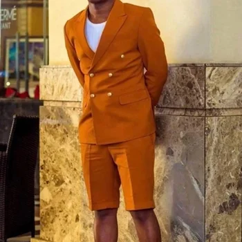 Fashion Orange Summer Men Suits slim Blazer Trousers Groom Double Orded Dinner Party Wear Wedding 2Pieces (Jacket + Short Pants)