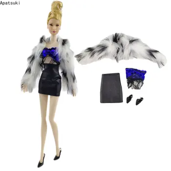 Faux кожа яке мода кукла дрехи комплект за Барби екипировки 1/6 кукли аксесоари за Барби палто синьо горната пола обувки играчки