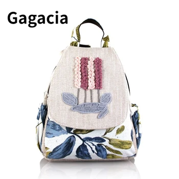 GAGACIA Китайски национален стил жените раница прост тъкат пътуване платно раници реколта цип голям капацитет ученическа чанта момиче