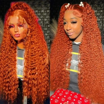 Ginger Orange 13x4 къдрава дантела фронтални перуки дълбока вълна човешка коса перуки лепило предварително оскубани човешки перуки готови да отидат цветни перуки