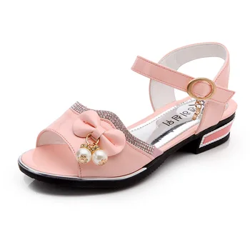 Girls' Summer New Pearl Bow Ankle Leakage Casual Soft Sole Sandals Children's Lightweight Non Slip Sports Beach Shoes