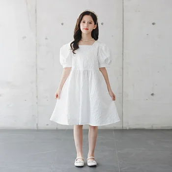 Girls White Dress 2024 Лятна нова детска елегантна парти рокля Детски бутер къс ръкав плътен цвят принцеса рокля, #7317