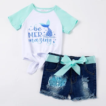 Girlymax Baby Girls Summer Patchwork тениска с къс ръкав Дънкови шорти Дънки Outfit Set