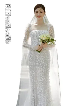 Glitter русалка сватбена рокля луксозни пенливи пайети мъниста 3D флорални квадратни врата дълги ръкави градина булчински рокля роба де Mariée