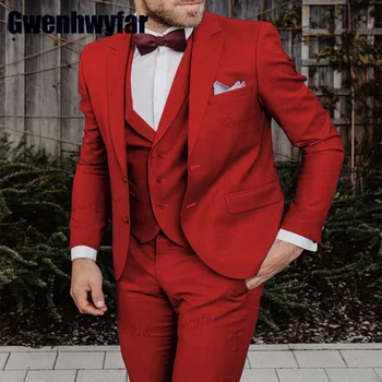 Gwenhwyfar Висококачествени червени елегантни мъжки блейзър комплекти Сватбени костюми за мъже парти Абитуриентски облекла по поръчка 3 бр. Костюми Терно Маскулино