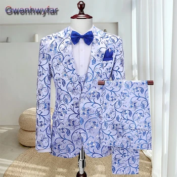 Gwenhwyfar Син цветен печат Най-добър мъжки костюм Случайни елегантни сватбено тържество Абитуриентски смокинги за младоженеца Еднореден поръчков панталон