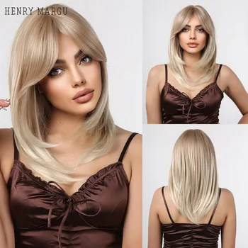 HENRY MARGU Дълги пластове руси синтетични перуки със завеси бретон за жени Natural Wave златна коса топлоустойчива косплей коса