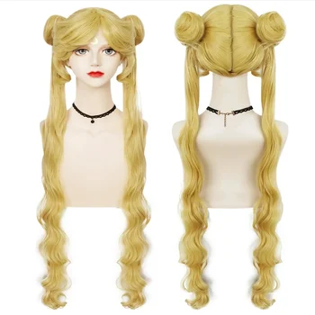 Harajuku Дълга блондинка злато вълнообразна 2 конски опашки аниме Sollar Moon косплей момичета Хелоуин костюм Коледна перука