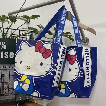 Hellos Kittys Blue отпечатана пазарска чанта Екологична ръчно тъкана чанта с голям капацитет Едно рамо Сладка пазарска чанта Момиче подарък