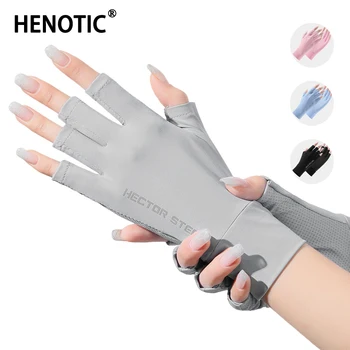 Henotic пролет и лято Дамски ръкавици за нокти ледена коприна слънцезащитен крем против UV защита на ръцете на открито половин пръст против печене черно
