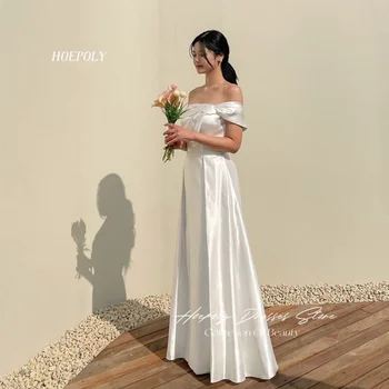 Hoepoly Bow Simple Strapless One-Shoulder Sleeveless A Line Evening Dress Floor Length Formal Prom Gown photography 프롬드레스